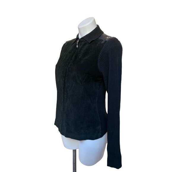 Vintage 90s Black Rib Knit Suede Jacket Cardigan Small - Picture 2 of 6